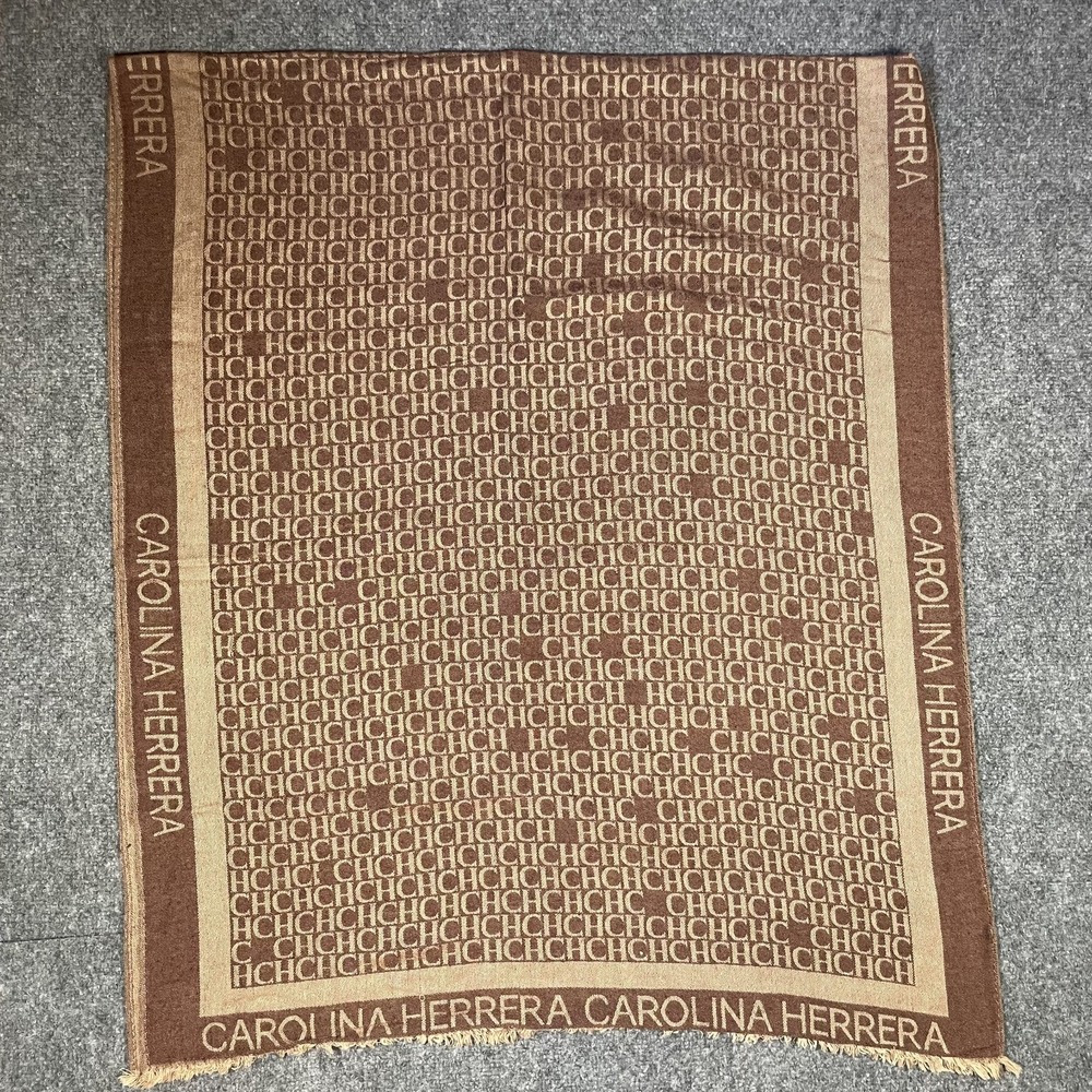 CH‎ Carolina Herrera CH Initials140 Shawl Scarf Chocolate Brown Monogram Silk
